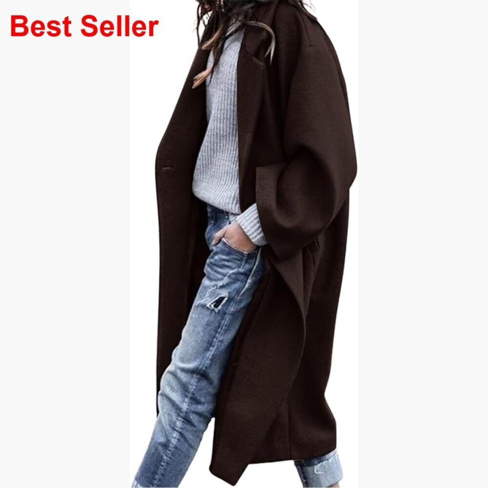 Wool Blend Oversized Notched Collar Long Trench Coat Pea Coat